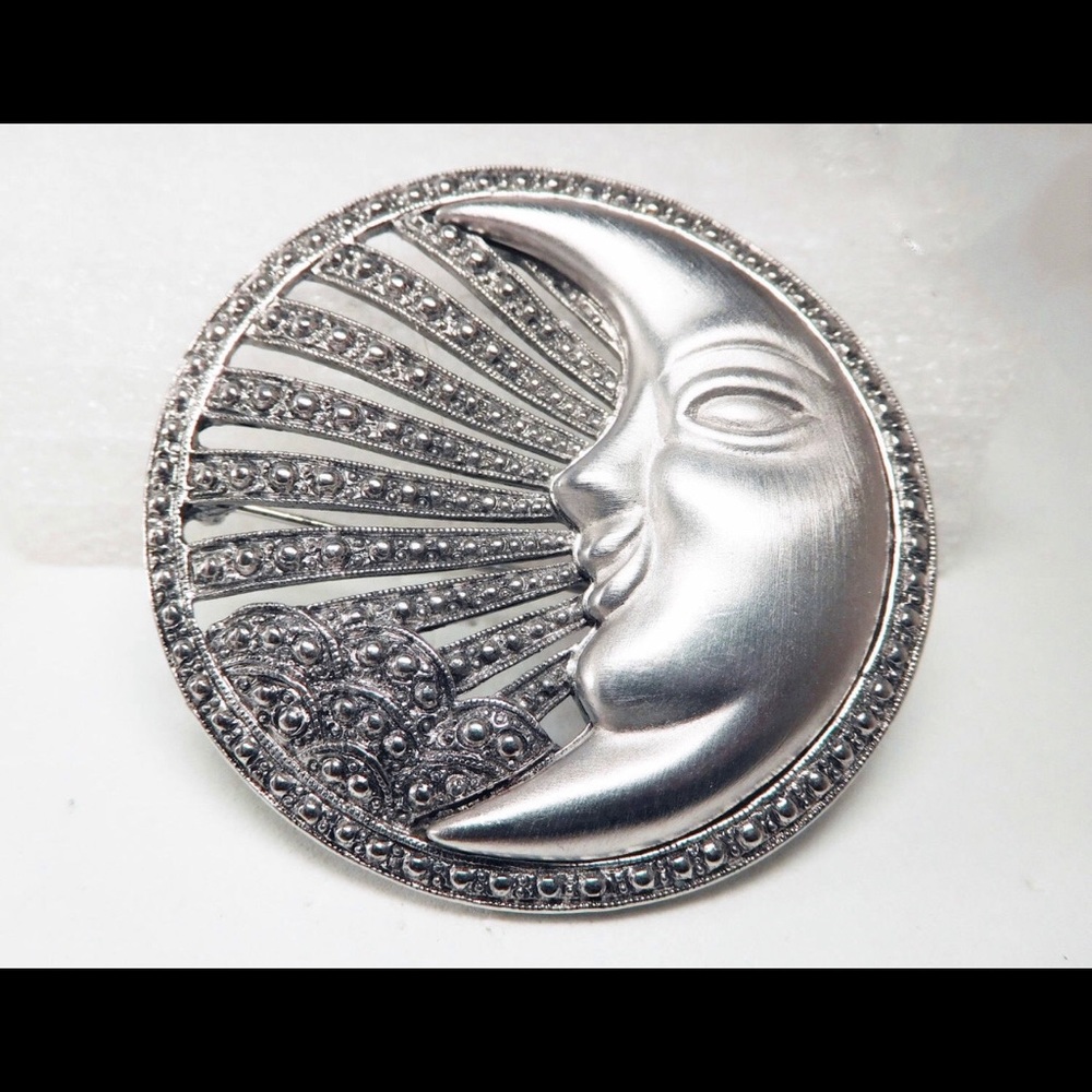 TONA 80's Mod Shining Moon Brooch measuring 2 1/8"